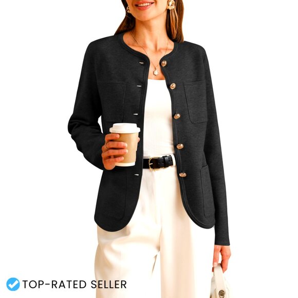 Wool Blend Blazer Collarless Chic Business Casual Jacket with Pockets